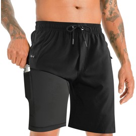 APTRO Men's Swimming Trunks Long with Compression Liner Quick-Drying Swimming Shorts 2 in 1 Swimming Trunks with Zip Pocket Inner Shorts Surfing Beach Shorts, Black Mk287