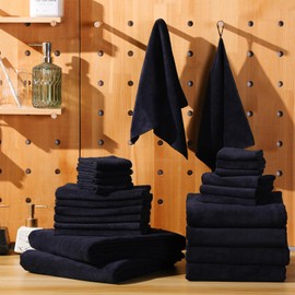 Mixweer 24 Piece Oversized Bath Towels Set Microfiber Absorbent Towels for Spa Camping Bathroom Beach 4 Oversized Bath Towels 2 Bath Sheets 6 Hand Towels 8 Wash Cloths 4 Fingertip Towels (Black)