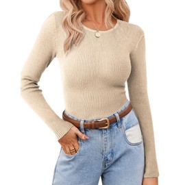 Zeagoo Women's Long Sleeve Tops Round Neck Sweaters Lightweight Elegant Tunic Basic Solid Fall Winter Pullover Jumper Sweatshirts Light Brown L