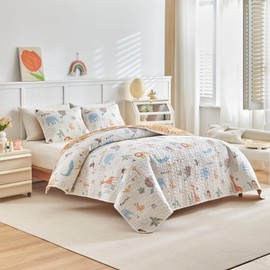 Joyreap 3 Pieces Full/Queen Size Cotton Quilt Set, Zoo Theme Animals White n Orange Design, Cozy Lightweight Bedding Set Quilt Bedspread Bed Cover for for Kids Boys n Girls- 90x90 inches