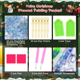 Meetory Pack of 24 Snowflakes Diamond Painting Christmas Decoration, Diamond Painting Pendants, Craft Buddy Diamond Painting Key Chain, Snowflake, Children's Christmas Tree Decoration