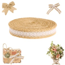 1 Roll of Jute Ribbon Hessian, 10 m Natural Jute Ribbon, Jute Lace Decorative Ribbon, Vintage Hessian Ribbon Roll with Lace, Jute Lace Ribbon Decorative Ribbon, for DIY Crafts, Christmas Crafts, Gift
