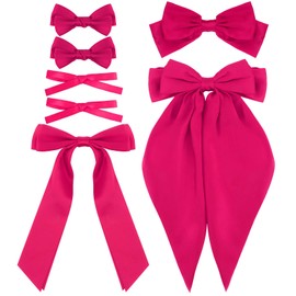 Velscrun Hair Bows for Women Girls 7Pcs Rose Pink Silky Hair Bow Large Coquette Bow Big Satin Bows Clip Oversized Hair Ribbons Ponytail Holder Long Tail Bow Bowknot Hair Barrettes Hair Accessories