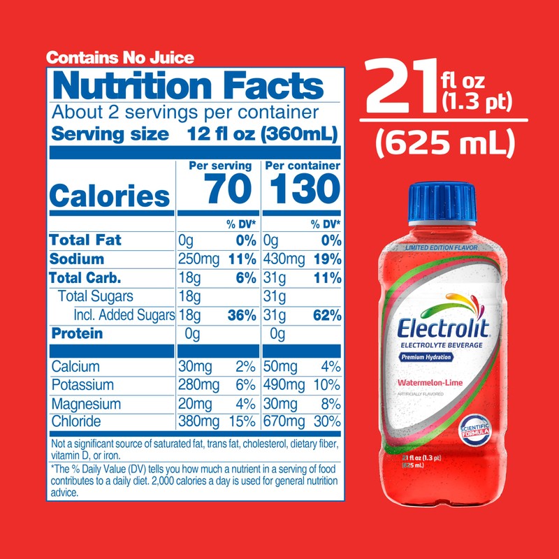 Electrolit, Electrolyte Beverage, Watermelon-Lime, 21 Fl Oz bottle (Pack of
