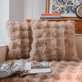 Neelvin Camel Faux Fur Cozy Soft Double-Sided Decorative Throw Pillow Covers 18x18 inch Set of 2,Velvet Pillowcase Cushion Case for Sofa Couch