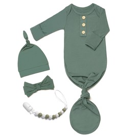 Newborn Baby Knotted Gown, Super Soft Silky Infant Sleeper, Baby Boy Girl Sleep Gown with Mittens, Bow, Clip and Matching Hat Set Grey Green