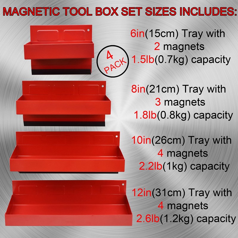 Magnetic Shelf 4-Pcs Set - Red Tool Trays - Metal