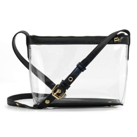 Clear Zipper Cross Body Bag with Vegan Leather Trim, Black, Small