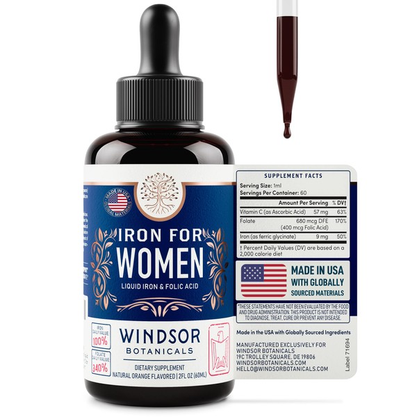 Liquid Iron Supplement for Women - Windsor Botanicals Folic Acid, Vitamin C, Vegan Iron Supplements for Anemia, Menstruation, Pregnancy Support - Gluten-Free, Non-GMO, Orange Flavor - 30 Days, 2oz