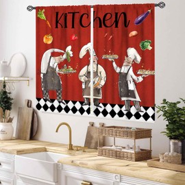 Chef Curtains for Kitchen, Rustic Fat Chef Cook Theme Vintage Cute Funny Chief Rural Country Farm Buffalo Checkered Plaid Blackout Small Short Window Drapery for Bedroom Living Room, 55x39 Inch