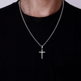 IRONBOX 925 Sterling Silver Cross Necklace for Men Women with 3MM Stainless Steel Strong Durable Wheat Chain 18K White Gold Plated Crucifix Pendant Necklace Jewelry 22 Inches