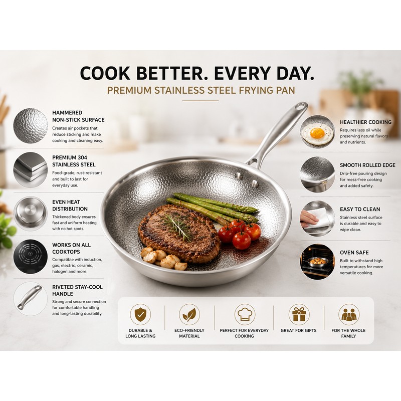 32cm Titanium Stainless Steel Frying Pan Non-stick Wok Skillet with