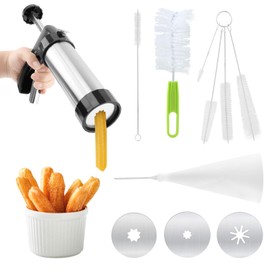 Churro Maker Machine Stainless Steel Churro Gun Kit 3-in-1 Multifunctional Cookie Press Hollow Churro Spritz Cookies Maker with Piping Bag,cleaning Brush(COLOR:as shown)