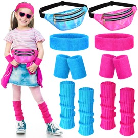 Giegxin 2 Set 80s Leg Warmers Set for Girls Kids Neon Ribbed Knit Leg Warmers Fitness Headband Wristbands for Cosplay Party(Holographic Rose Red, Holographic Blue)