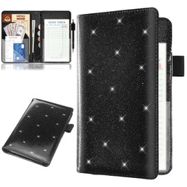 Server Books with 2 Zipper Pouch for Waitress, Waitress/Waiter Book Organizer, Guest Check Leather Book Holder Money Pocket Restaurant Waitstaff Organizer Leopard Pattern (Glitter black)