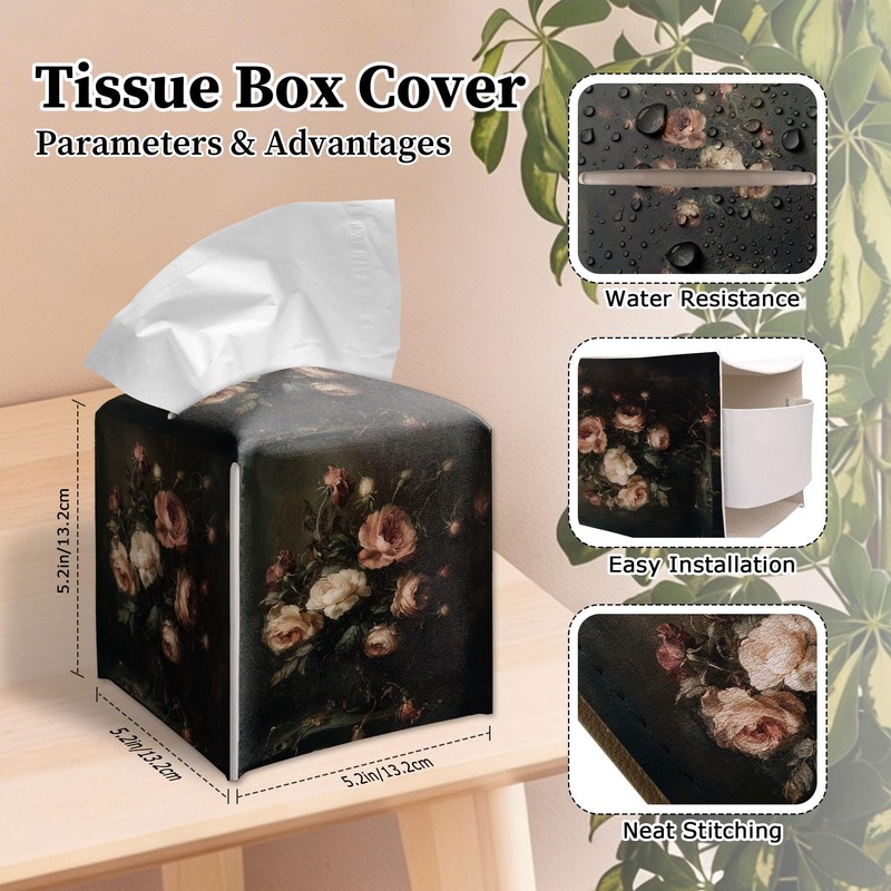 Moody Rose Bouquet Black Tissue Box Cover Square