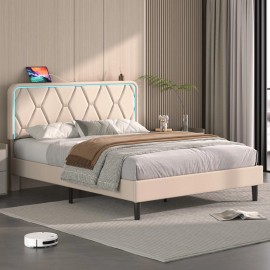 Vecelo Bed Frame with LED Light USB Ports Queen Full Twin Size Headboard Platform Bed - Beige, Twin