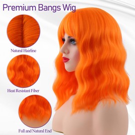 Mxayhnajxl Orange Wigs with Bangs for Women 14 Inch Shoulder Length Orange Wigs Short Wavy Bob Wigs With Bangs Curly Wig Heat Resistant Synthetic Colorful Wavy Wigs Cosplay Wigs