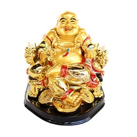 Feng Shui Import Golden Money Buddha Statue on Dragon Chair
