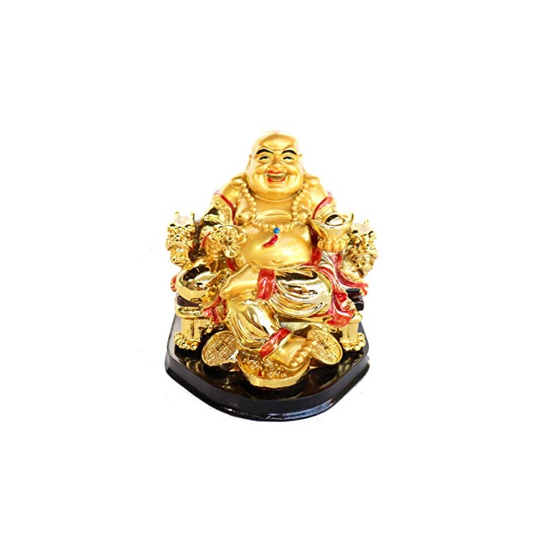 Feng Shui Import Golden Money Buddha Statue on Dragon Chair