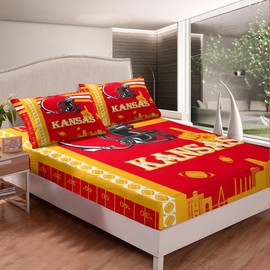 Feelyou Football Bed Sheet Set Boys Girls Kansas Fitted Sheet Queen Size American Football Gifts for Football Fans Women Men Football City Bedding Set Rugby Sports Bed Cover Yellow Red Room Decor