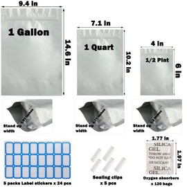 120-pack Stand Up Mylar Bags for Food Storage with Oxygen Absorbers 1 Gallon, 1 Quart, 1/2 Pint Resealable Aluminum Foil Ziplock Bags Heat Sealable Food Safe Pouch Bag, Sealing Clip and Label Sticker