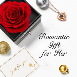 HEGUD Preserved Real Rose with I Love You Necklace in 100 Language Valentines Day Gift
