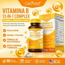 Gwynne Complejo De Vitamina B,receta 12 En 1,con Vitamina C,b2,b12,b1,b3,b5,b6,colina,magnesio Y Inositol, Apoyo Energía,cerebral Y Cardíaco,90 Cápsul