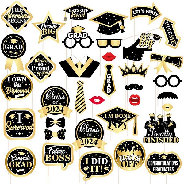 Graduation Photo Booth Props 2024, 40 Pcs Gold Black Funny