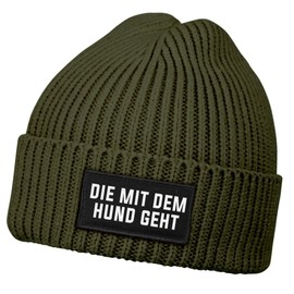 MoonWorks® Women's Beanie with Patch, Knitted Hat with Saying "Die mit dem Hund geht (Die mit dem Hund geht"), dog goes olive