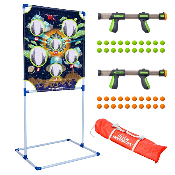 GoSports Foam Fire Games - Alien Invaders, Trophy Hunt, or Door Hang Battle Strike and Capture the Cash Targets - Include 2 Toy Blasters for Kids and Foam Ball Projectiles