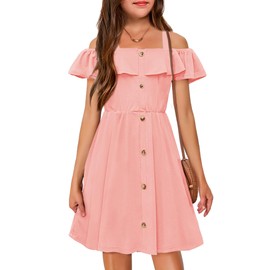 Arshiner Dress for Girls Solid Summer Cotton Cold Shoulder Midi Hawaii Sun Dress Light Pink 6-7 Years