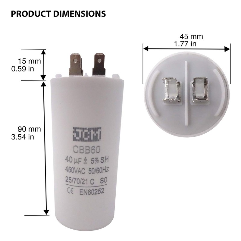 JCM Motor Run Capacitor 40uf MFD 250V/450V AC Volts Round
