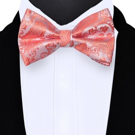 Gusleson Coral Bow Tie Pocket Square Set for Wedding Pre-Tied Silk Paisley Bowties Handkerchief Cufflinks for Men (UK0497-22)