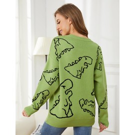Arssm Dinosaur Sweater Women y2k Vintage Oversized Graphic Streetwear Knit Sweater Casual Cute Kawaii Tops (Green-XL)