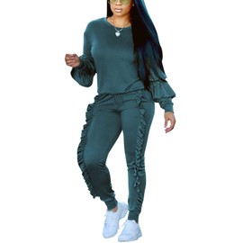 KANSOON - Conjunto de 2 piezas para mujer, manga abombada y pantalones largos con volantes, conjunto de chándal, Azul eléctrico, 3X-Large