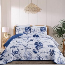 DJY Navy Blue Quilt Set Queen Coastal Beach Theme Quilt Coverlet Set Soft Microfiber Reversible Bedspread with 2 Pillow Shams 3 Pieces Coastal Bedding Quilt for All Season 96"x90"