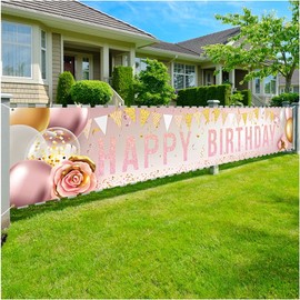 Enjoyfun Cartel de cumpleaños con texto en inglés "Happy Birthday", grande de 299,7 x 50 cm, color rosa y dorado, decoración de fiesta de cumpleaños para niñas, mujeres, cumpleaños, celebración, banner al aire libre, suministros de fiesta para interiores