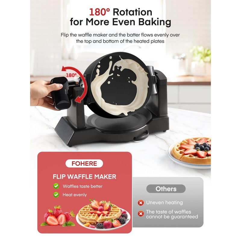 FOHERE Double Waffle Maker, 1400W Rotating Belgian Waffle Iron with