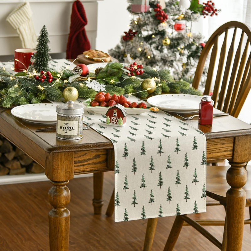 Artoid Mode Green Trees Christmas Table Runner, Winter Xmas Kitchen