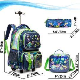 Egchescebo Kids Rolling Backpack for Boys Dinosaurs Suitcases Trolley Roller Luggage Backpacks on Wheels with Lunch Box Pencil Case for Elementary Multiple Function Pockets Travel school Bag Green
