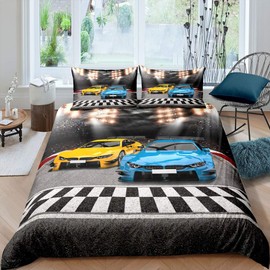 Sports Car Bedding Set Extreme Sports Decor Duvet Cover Set for Kids Boys Yellow Blue Race Car Comforter Cover Set Cool Speed Competitive Racing Car Quilt Cover Room Decor 3Pcs Double,Zipper
