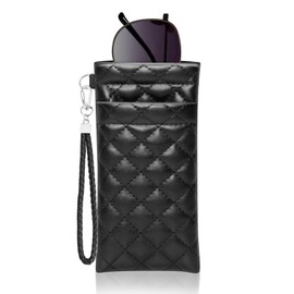 Yantoers Double Eyeglass Case Squeeze Top Glasses Pouch, Leather Soft Sunglasses Case with Carrying Strap (Black)