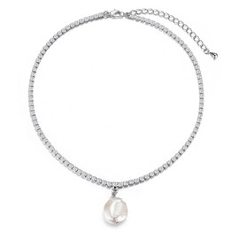 Tennis Necklace with Pearl Pendant Fake Diamond Necklace Square Cubic Zirconia Sparking Rhinestone Choker Necklaces for Women 18 Inch