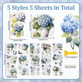 WANDIC 5 Sheets Rub On Transfer Stickers Vintage Blue Floral Decals Waterproof Stickers Furniture Windows Craft Decals for Home Office,11.8 * 3.9in