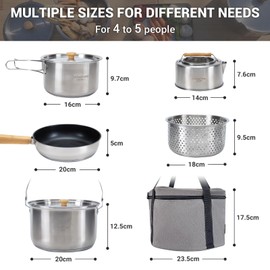 KingCamp Camping Cookware Set 304 Stainless Steel Campfire Cooking Pots Pan and Kettle with Travel Tote Bag for Camping Outdoor Kitchen Cooking Picnic for 4-6