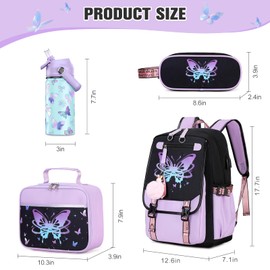 Bevalsa Kids Backpack for Girls with Insulated Water Bottle, Purple Cute Bookbag for Girls Kid, 14oz Termos Kids Water Bottle, Insulated Lunch Bag & Pencial Case, Back To School Gift (Butterfly)