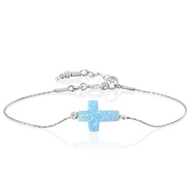 Tooliks Blue Opal Cross Thin Sterling Silver Bracelet - Handmade Bracele for Women 6.5 inch + 1 inch Extender (Blue, Silver)
