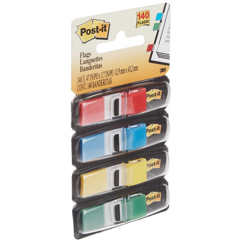 Post-it Flags, 35/Dispenser, 4 Dispensers/Pack.47 in Wide, Assorted Primary Colors