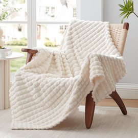 EXQ Home Fleece Throw Blanket for Couch or Bed - 3D Grid Jacquard Decorative Blankets - Cozy Soft Lightweight Fuzzy Flannel Blanket Suitable for All Seasons(50"×60",Beige)